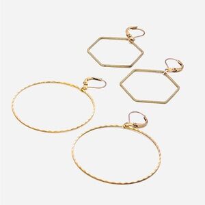 Set of 2 Gold Hoop and Hexagon Earrings
